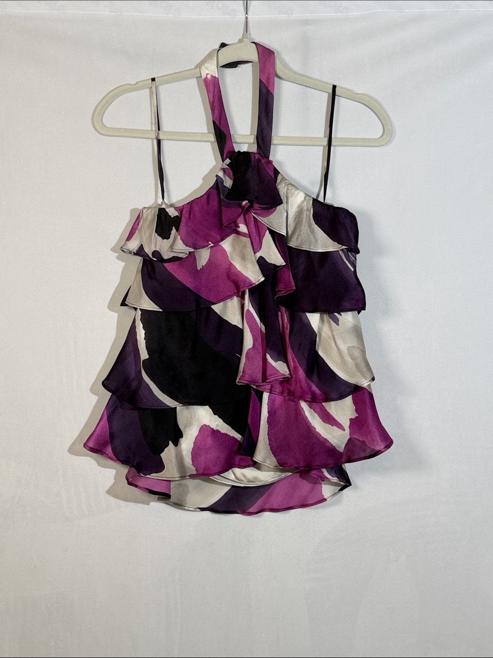 Adam Lippes Silk Tiered Top Blouse Size 4 silver And Purple Print